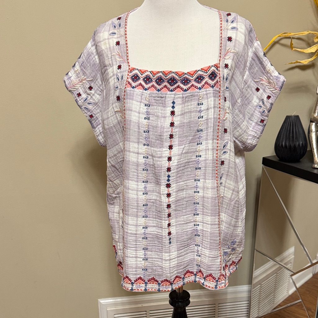 Johnny Was Boho Short Sleeve Embroidered Square Neck Blouse Size Xl Pre-Owned.